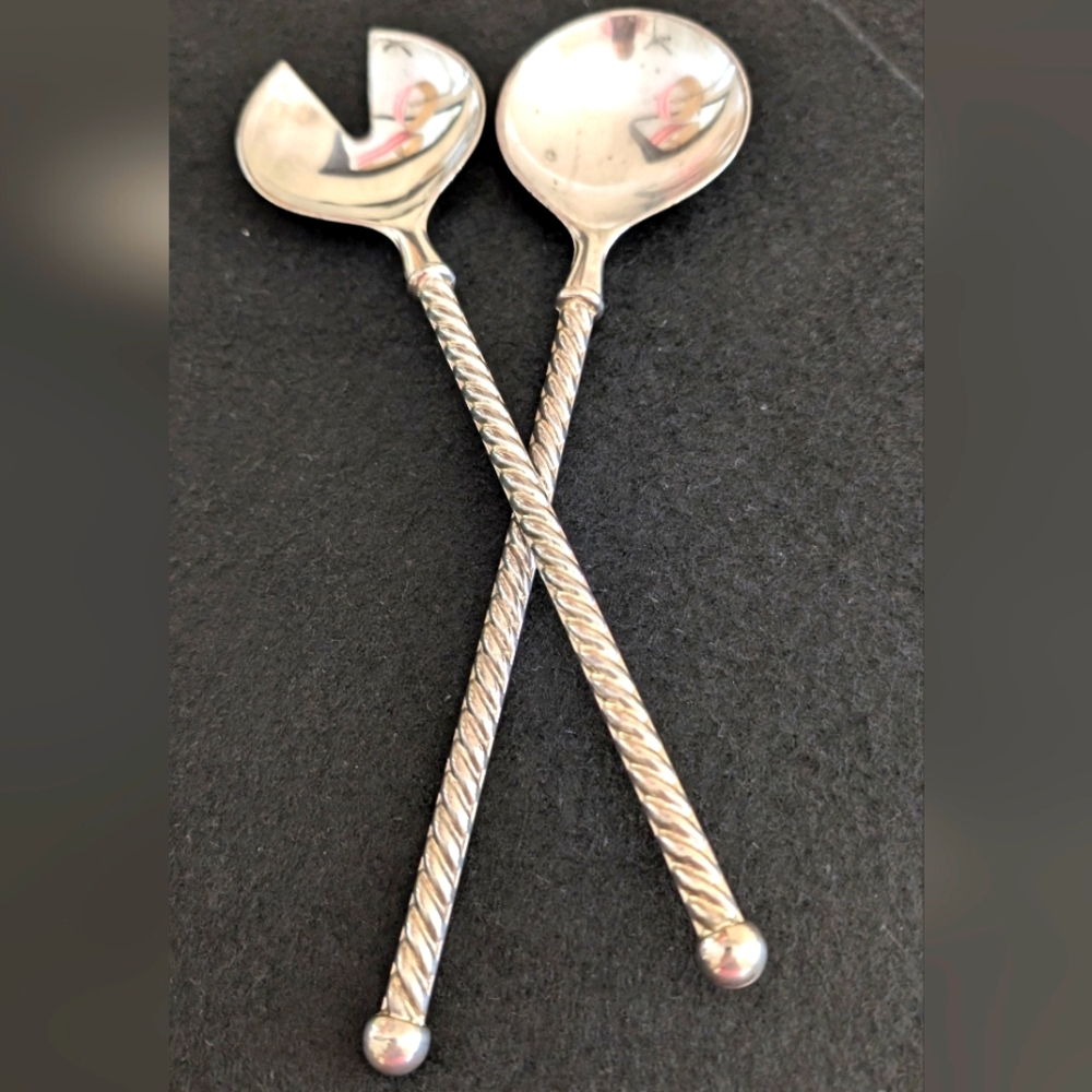 VTG TWO PIECES E.P.ZINC ITALY SALAD SERVING SET WITH TWISTED HANDLES PAUL REVERE - Picture 4 of 8